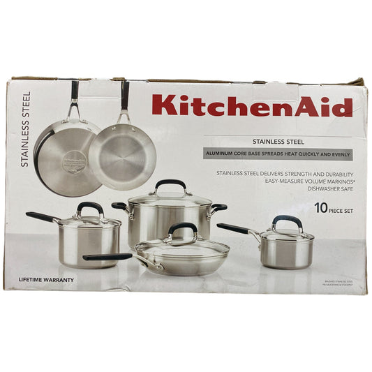 KitchenAid Stainless Steel Cookware Set, 10-Piece, Brushed Stainless Steel
