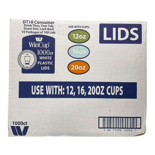 Wincup 1000 Count White Plastic Lids w/ Straw Slot, For 12, 16 & 20oz Cups