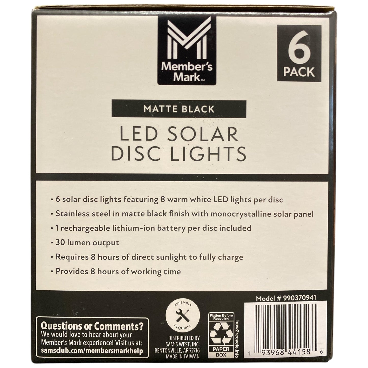 Member's Mark 6-Pack Matte Black LED Solar Disc Lights, 30 Lumens