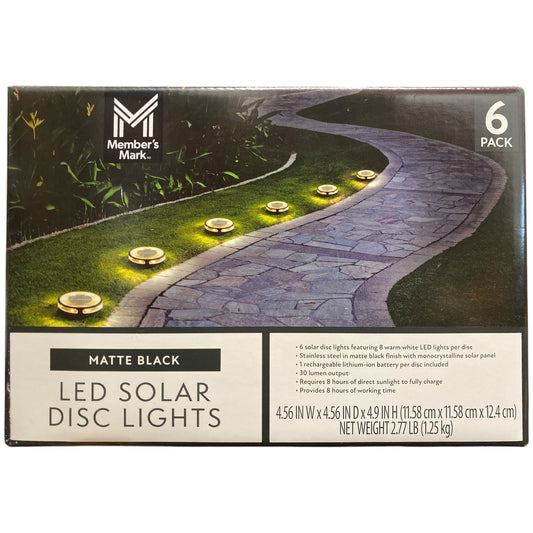 Member's Mark 6-Pack Matte Black LED Solar Disc Lights, 30 Lumens