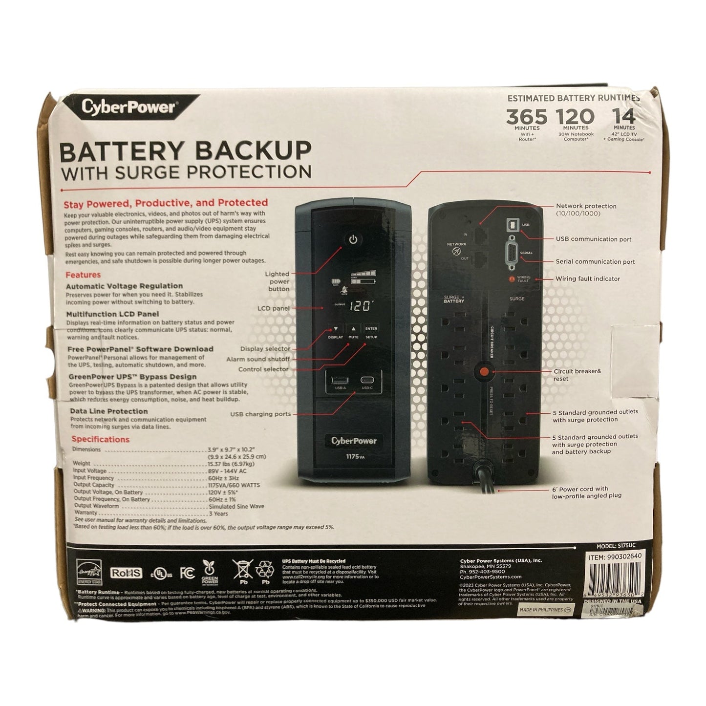 CyberPower 1175VA Battery Backup with Surge Protection, S175UC