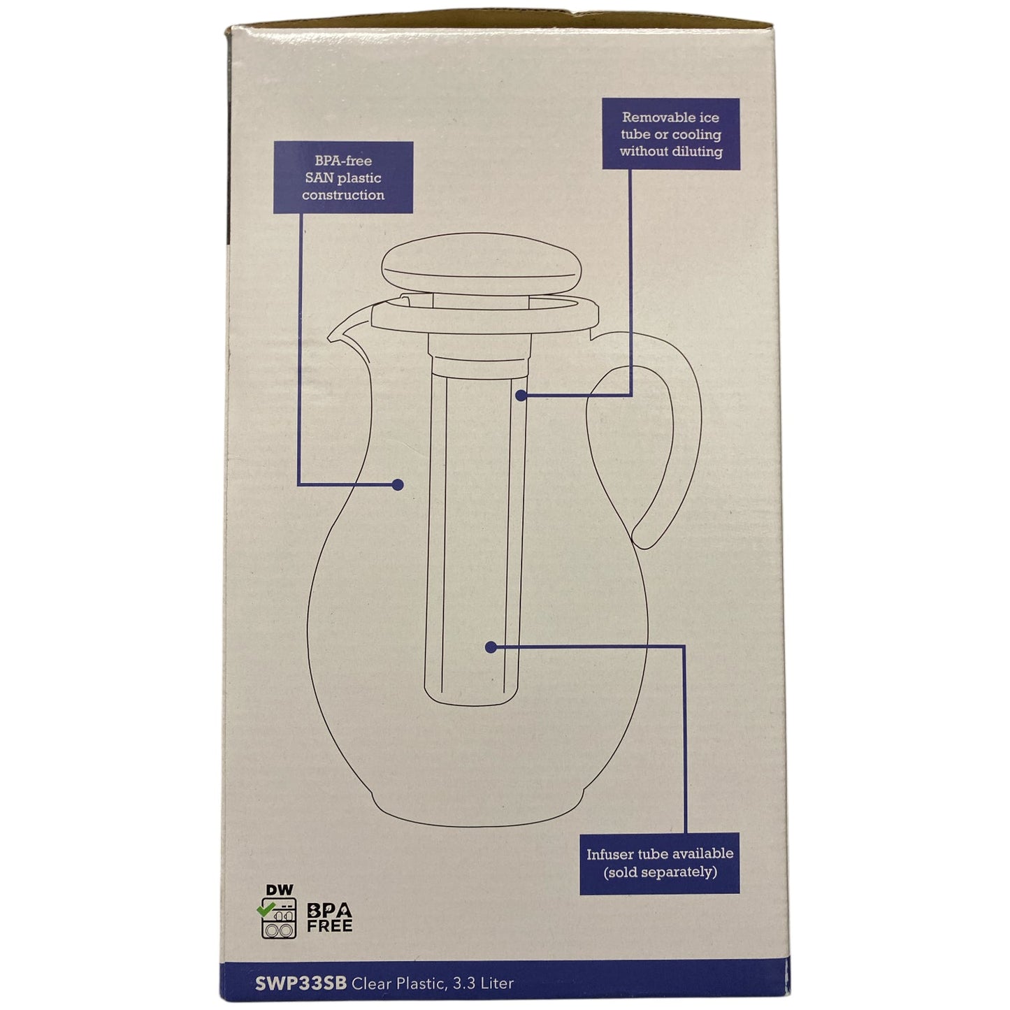 Service Ideas Acrylic Pitcher with Ice Tube, Smooth Body, 3.3L