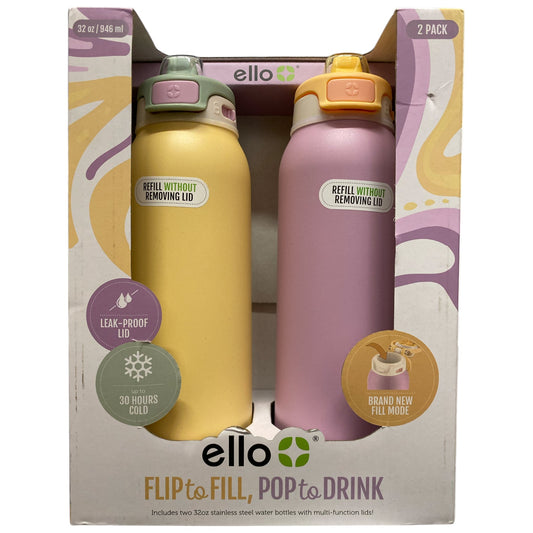 ello Pop & Fill 32oz Stainless Steel Water Bottle, 2pk, Tangerine/Plum
