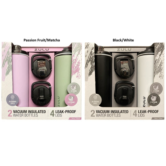 Zulu Stainless Steel Water Bottle with Lids., 2pk 24oz, Includes 2 Extra Lids