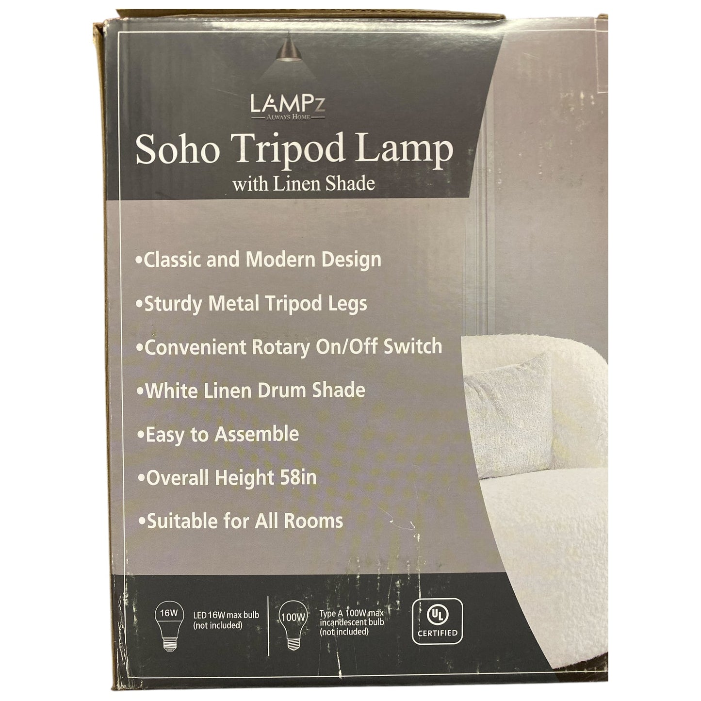 LAMPz Soho Tripod Floor Lamp with White Linen Shade, 58"