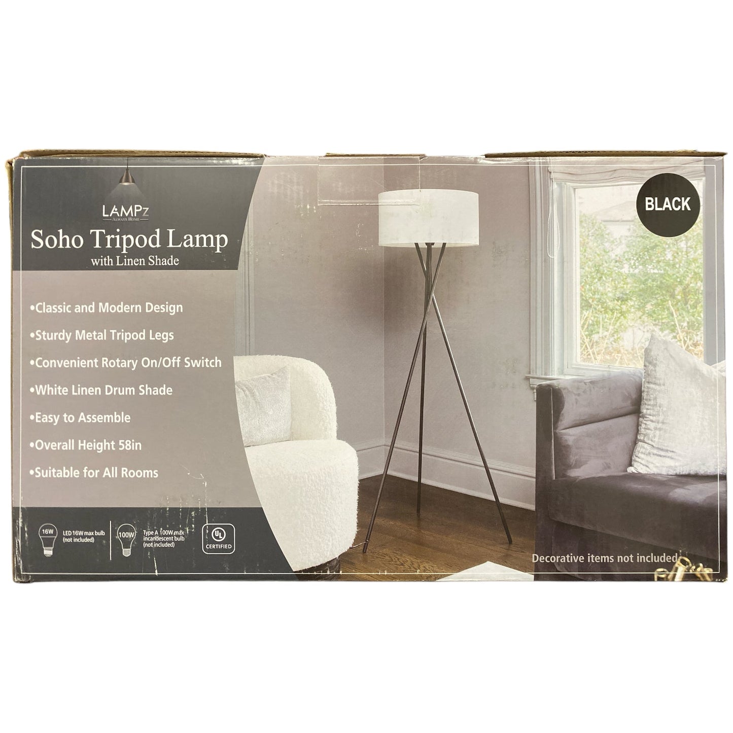 LAMPz Soho Tripod Floor Lamp with White Linen Shade, 58"
