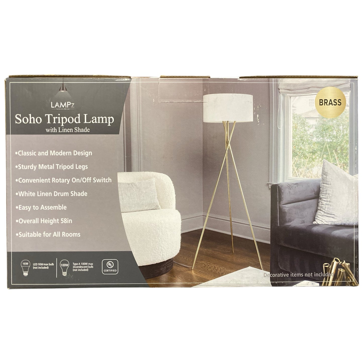 LAMPz Soho Tripod Floor Lamp with White Linen Shade, 58"
