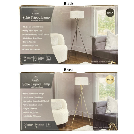 LAMPz Soho Tripod Floor Lamp with White Linen Shade, 58"