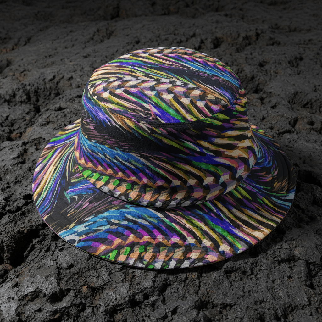 Ocular Opulence Reversible Bucket Hat — Holographic Op-Art × Stained Glass Mosaic