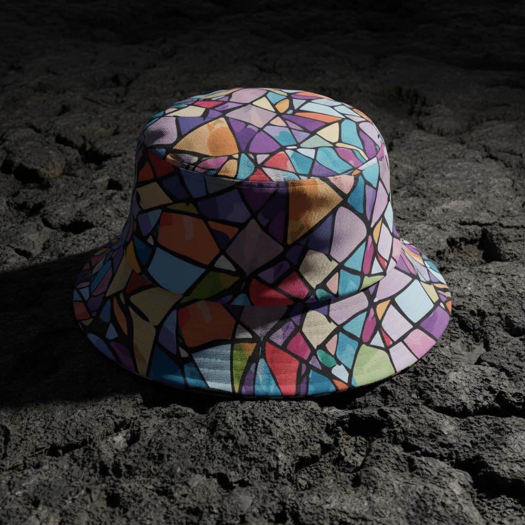 Ocular Opulence Reversible Bucket Hat — Holographic Op-Art × Stained Glass Mosaic