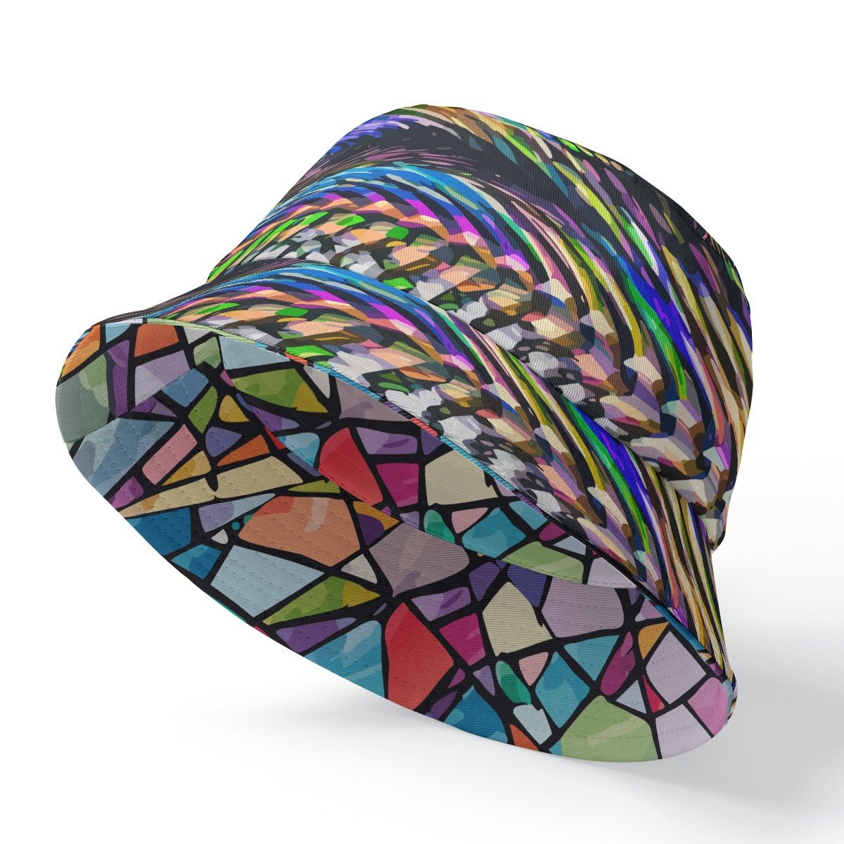 Ocular Opulence Reversible Bucket Hat — Holographic Op-Art × Stained Glass Mosaic