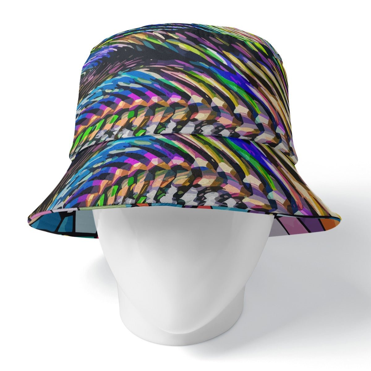 Ocular Opulence Reversible Bucket Hat — Holographic Op-Art × Stained Glass Mosaic