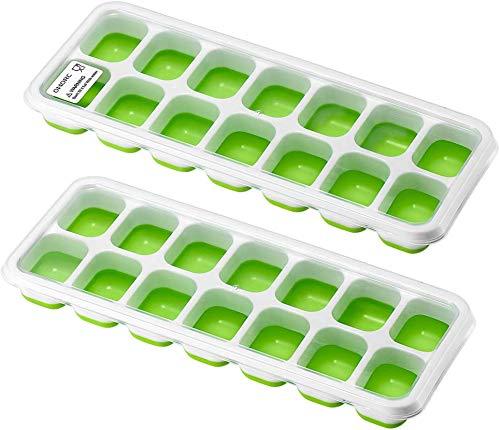OMORC Cube, Easy-Release Silicone and Flexible 14-Ice Trays with Spill-Resistant Removable Lid, LFGB Certified and BPA Free, 5.Green 2 Pack