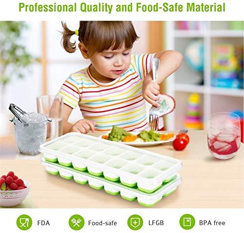 OMORC Cube, Easy-Release Silicone and Flexible 14-Ice Trays with Spill-Resistant Removable Lid, LFGB Certified and BPA Free, 5.Green 2 Pack