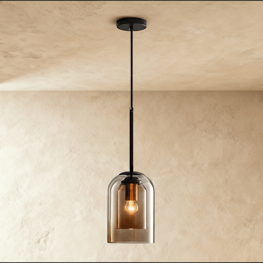 Modern Ironwork And Glass Pendant Light With Dome Shade