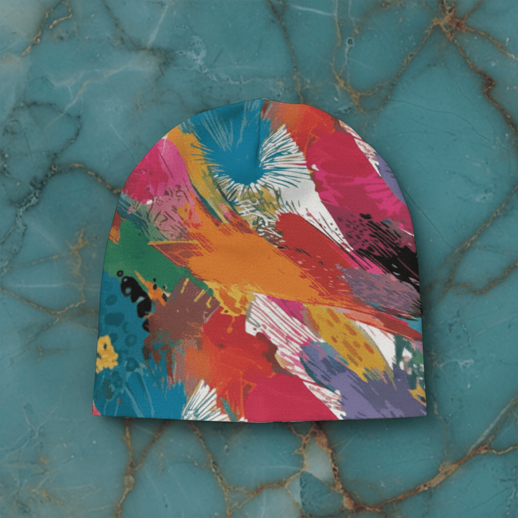 Paint Smear Knit Beanie — Crimson & Teal Brushstroke AOP Winter Hat, Loud Cold-Weather Accessory