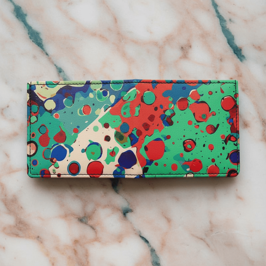 Paint Splat Confetti Leather Wallet — White Multicolor Drip-Dot AOP Bifold, Wearable Art Carry