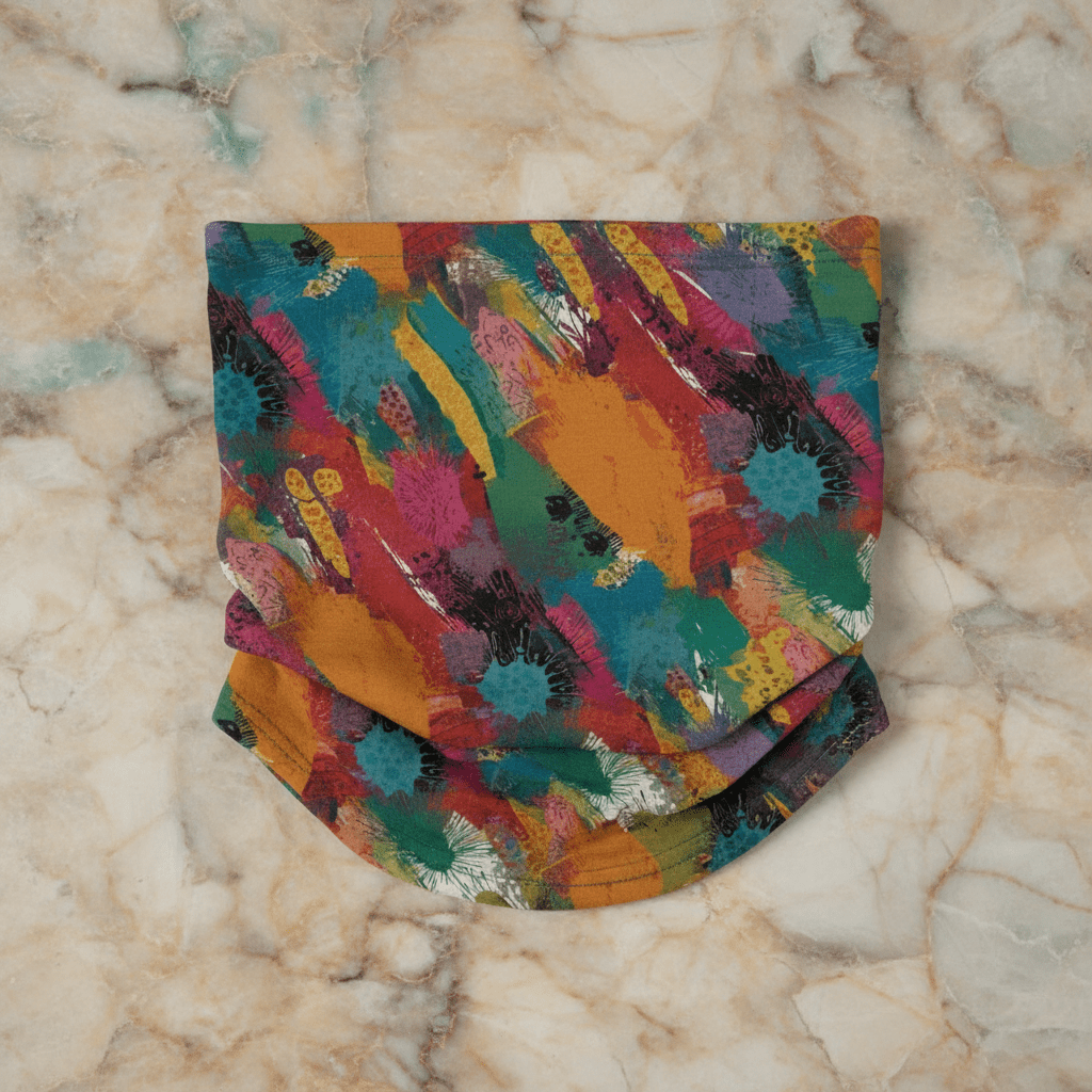 Painted Camo Neck Gaiter — Multicolor Brush-Dab AOP Face Cover for Festival, Trail & Slope Days