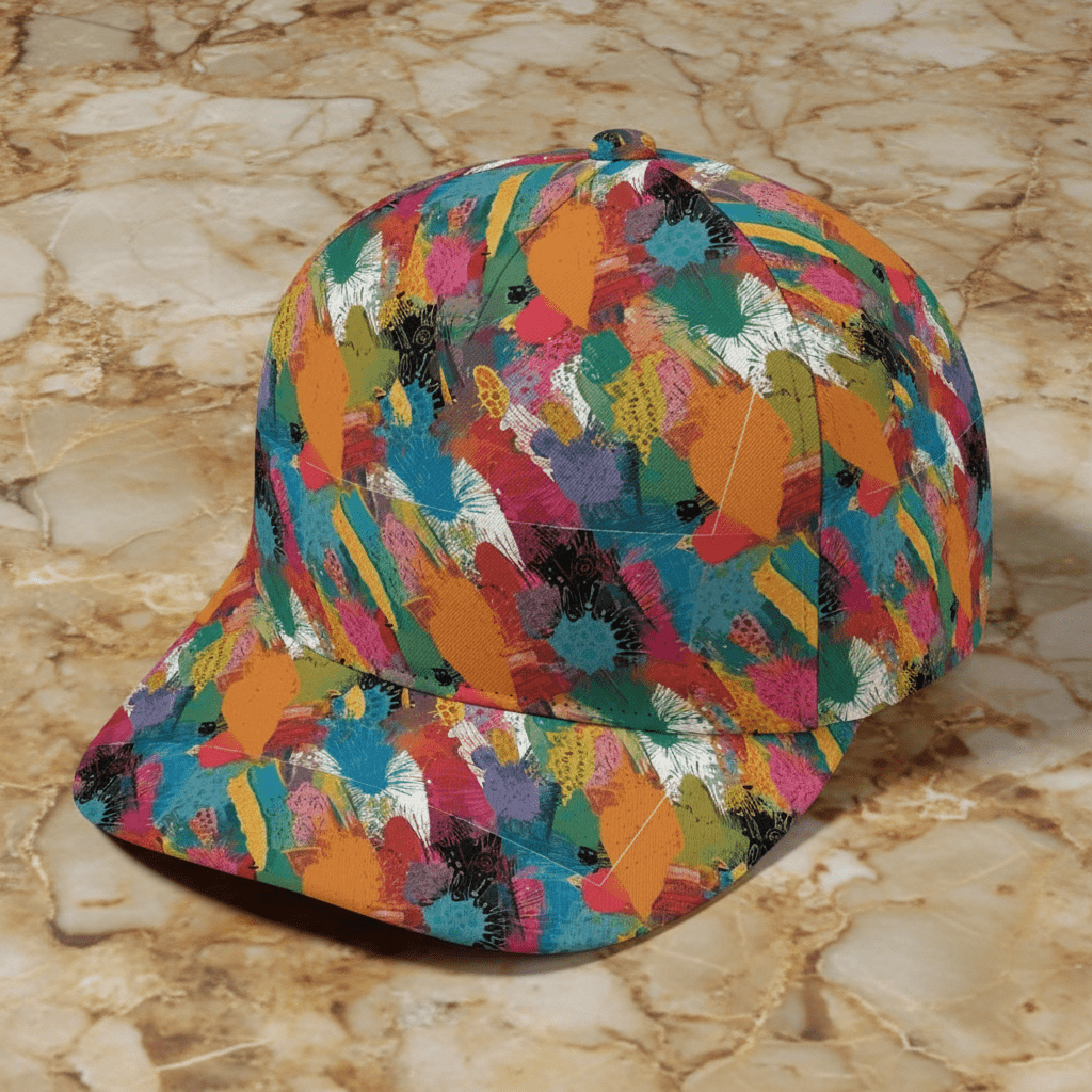 Painters' Plume AOP Bent Brim Snapback Cap | Brushstroke Feather Print 6-Panel Curved Brim Streetwear Hat for Art-School Aesthetics & Creative Souls
