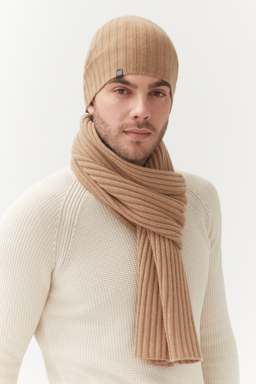 Mens Wool Cashmere Ribbed Beanie