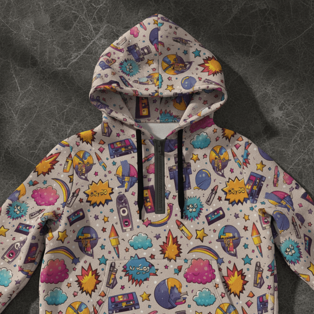 Plush Collage AOP Fleece Half-Zip Hoodie with Arm Pockets