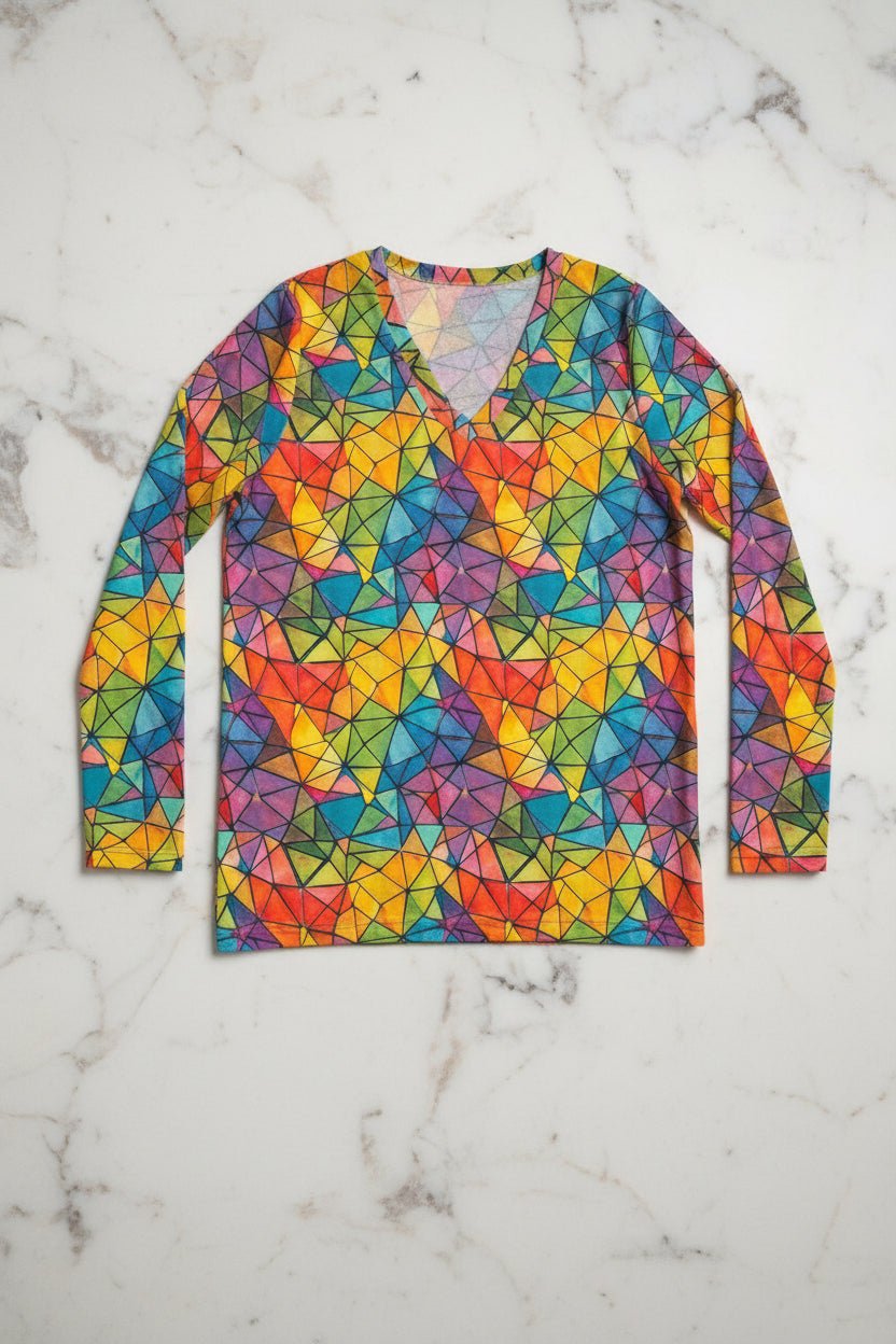 Prism Facet Mosaic Long Sleeve V-Neck — Rainbow Stained Glass AOP Women's Top, Wearable Kaleidoscope