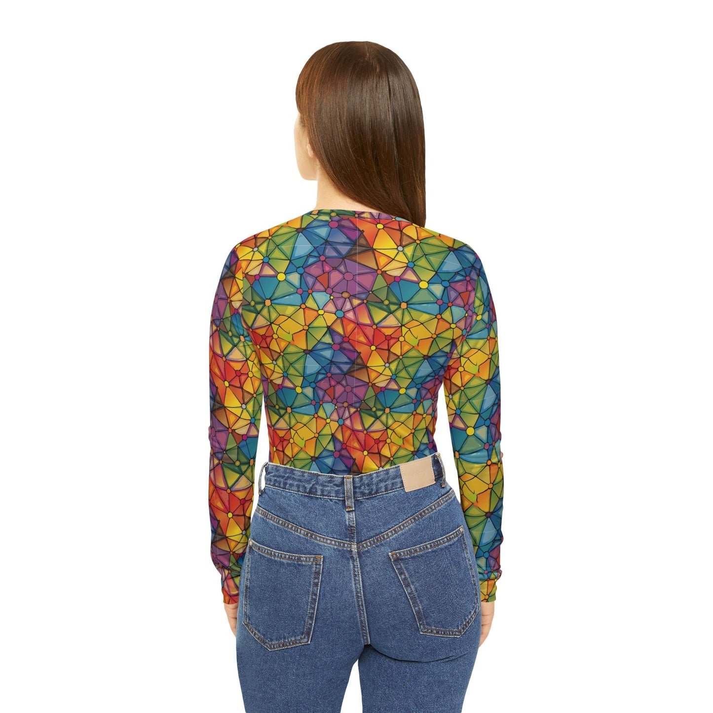 Prism Facet Mosaic Long Sleeve V-Neck — Rainbow Stained Glass AOP Women's Top, Wearable Kaleidoscope