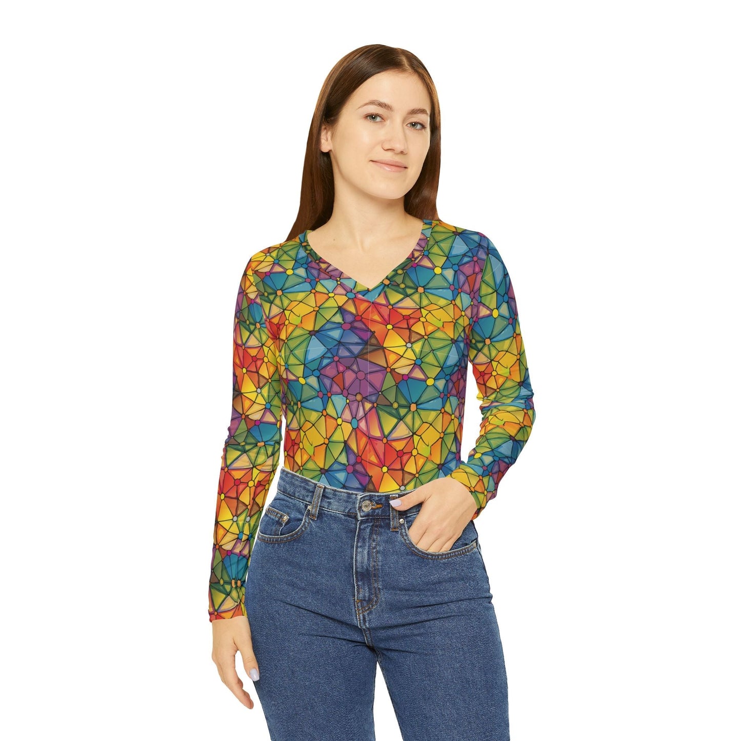 Prism Facet Mosaic Long Sleeve V-Neck — Rainbow Stained Glass AOP Women's Top, Wearable Kaleidoscope