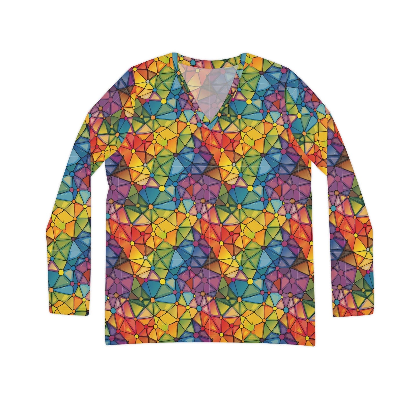 Prism Facet Mosaic Long Sleeve V-Neck — Rainbow Stained Glass AOP Women's Top, Wearable Kaleidoscope