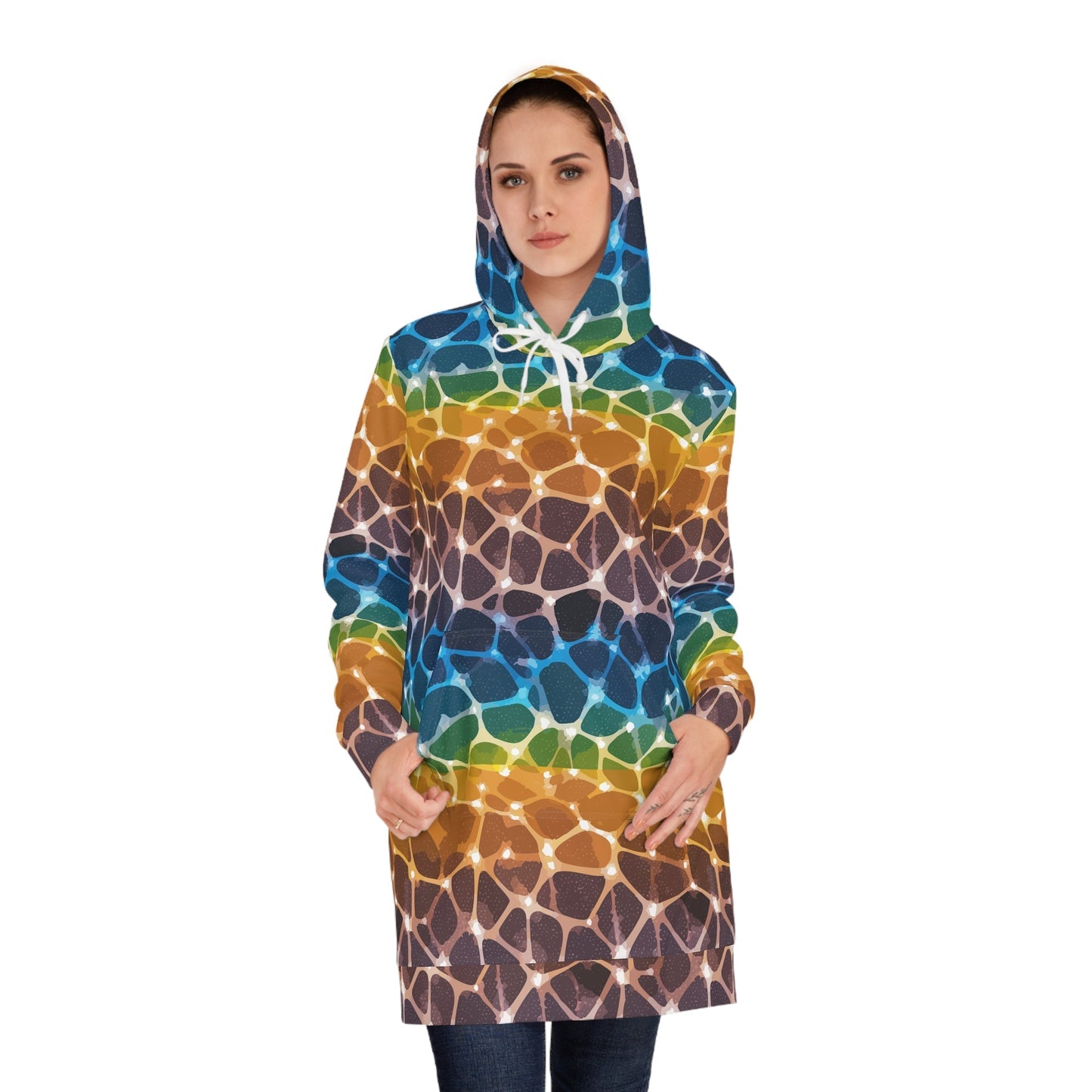 Prism Lattice Hoodie Dress — Amber-to-Teal Geometric Gradient AOP Longline Statement