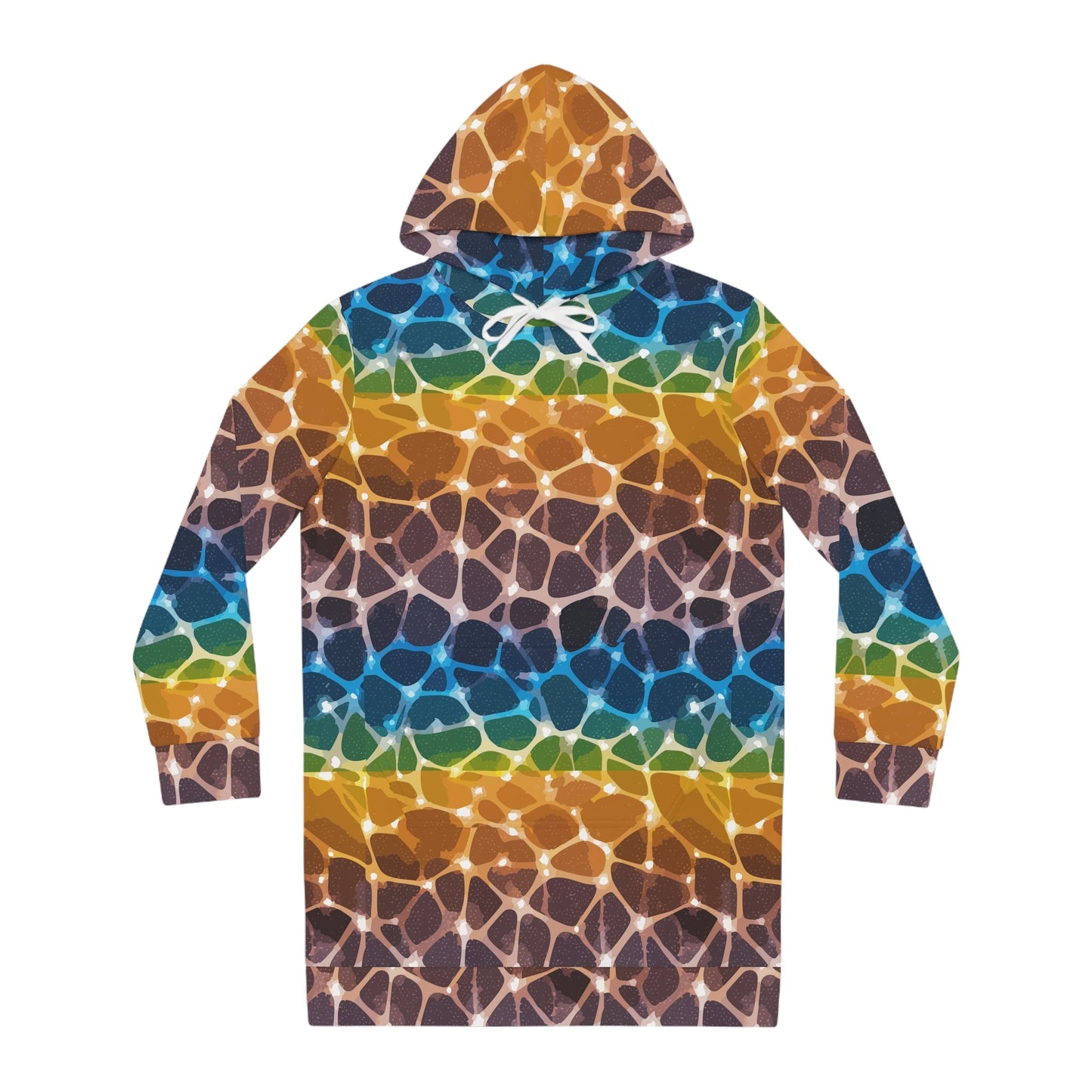 Prism Lattice Hoodie Dress — Amber-to-Teal Geometric Gradient AOP Longline Statement