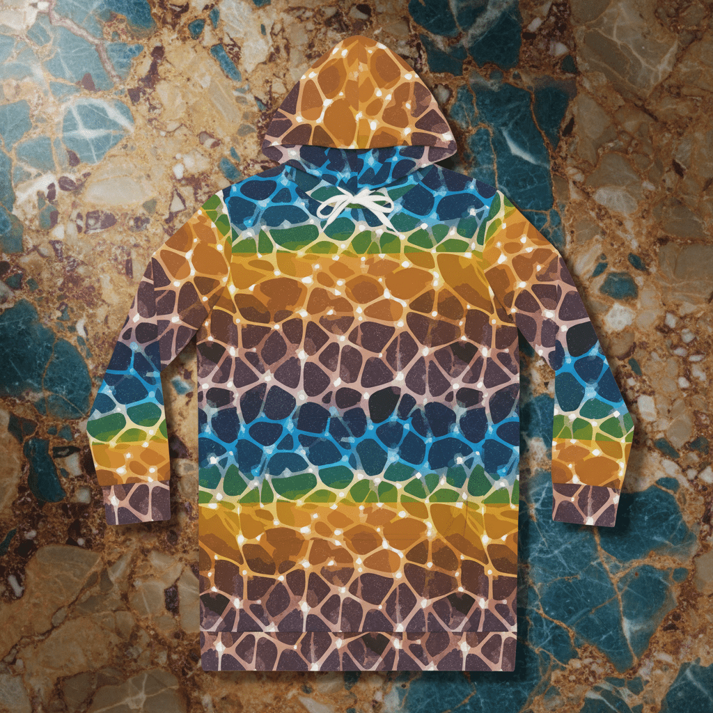 Prism Lattice Hoodie Dress — Amber-to-Teal Geometric Gradient AOP Longline Statement