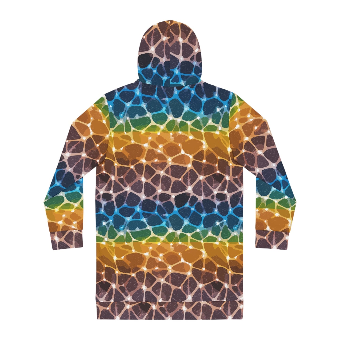 Prism Lattice Hoodie Dress — Amber-to-Teal Geometric Gradient AOP Longline Statement