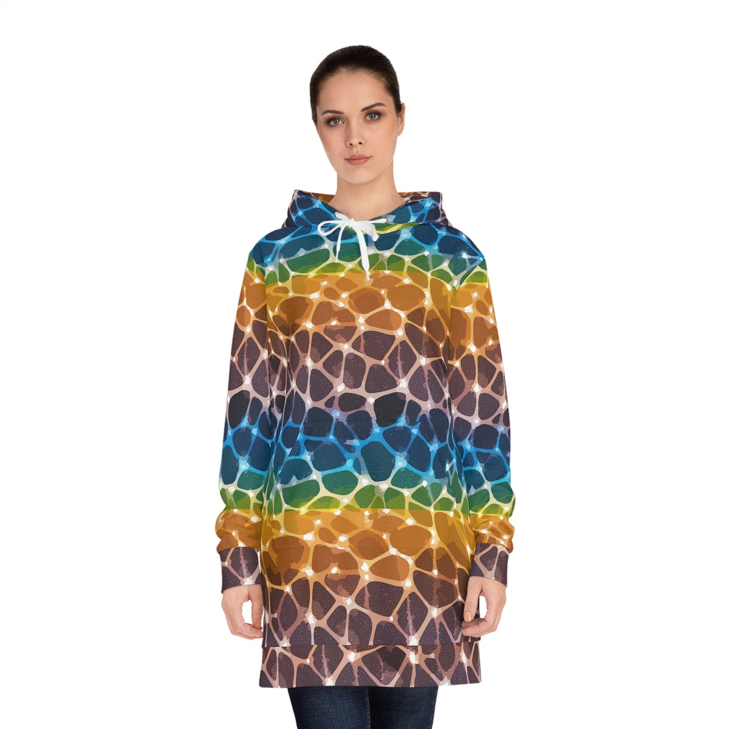 Prism Lattice Hoodie Dress — Amber-to-Teal Geometric Gradient AOP Longline Statement