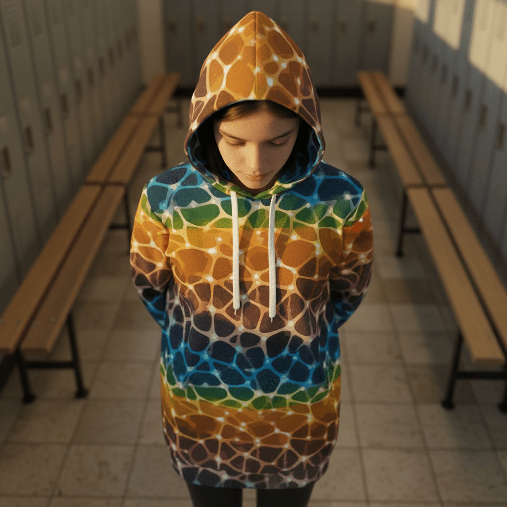 Prism Lattice Hoodie Dress — Amber-to-Teal Geometric Gradient AOP Longline Statement