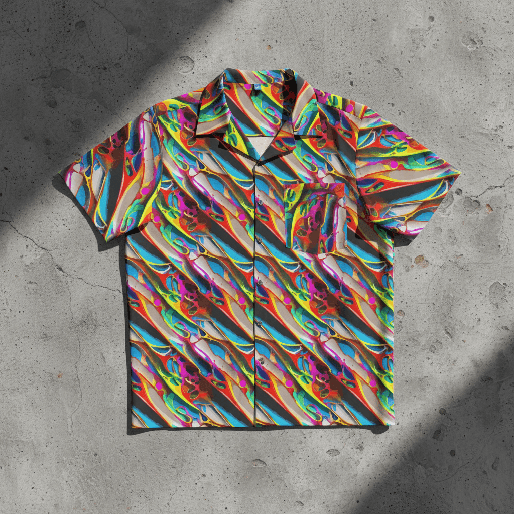 Prismatic Crimson Wave Hawaiian Shirt for High-Energy Festival Dressers — Bold AOP Aloha Button-Up, Summer Beach Statement Top, Maximalist Party Shirt