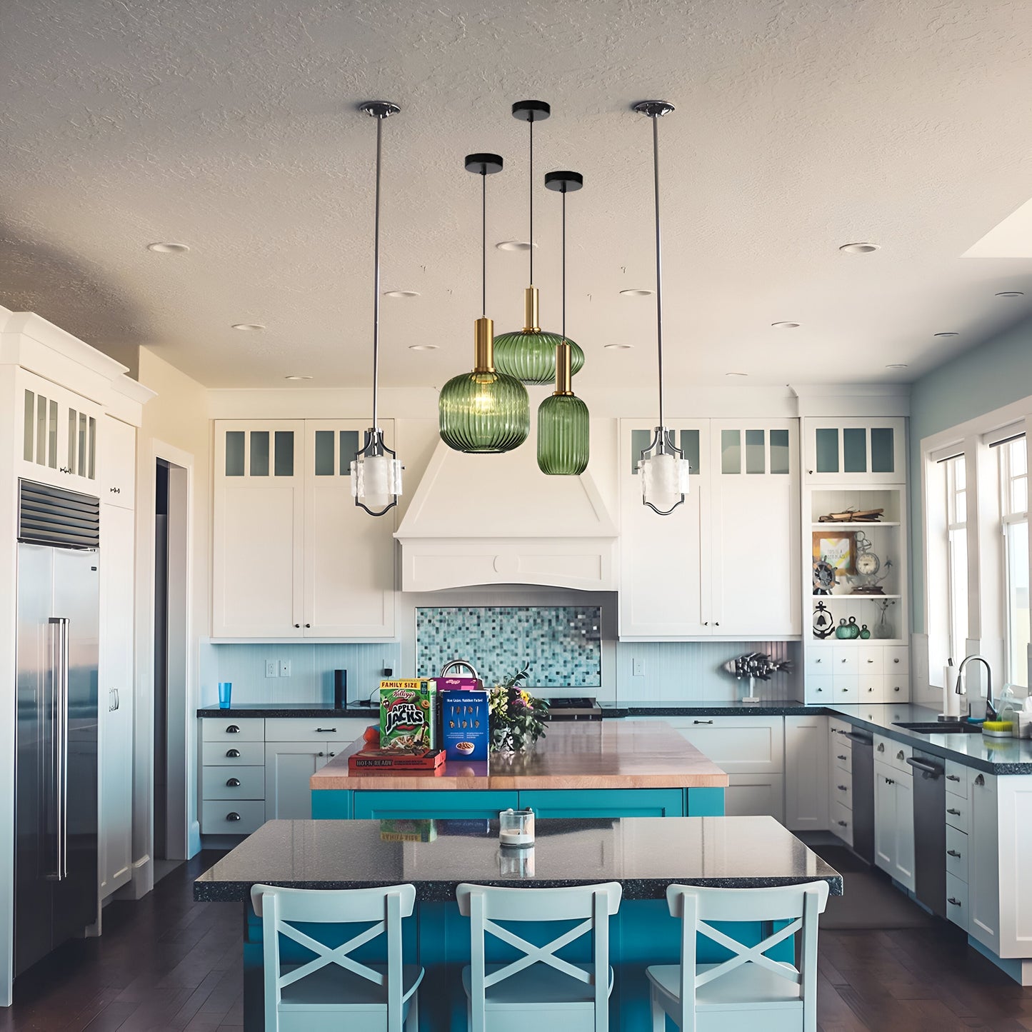 Ribbed Glass Pendant Lights With Metal Tube Fitting