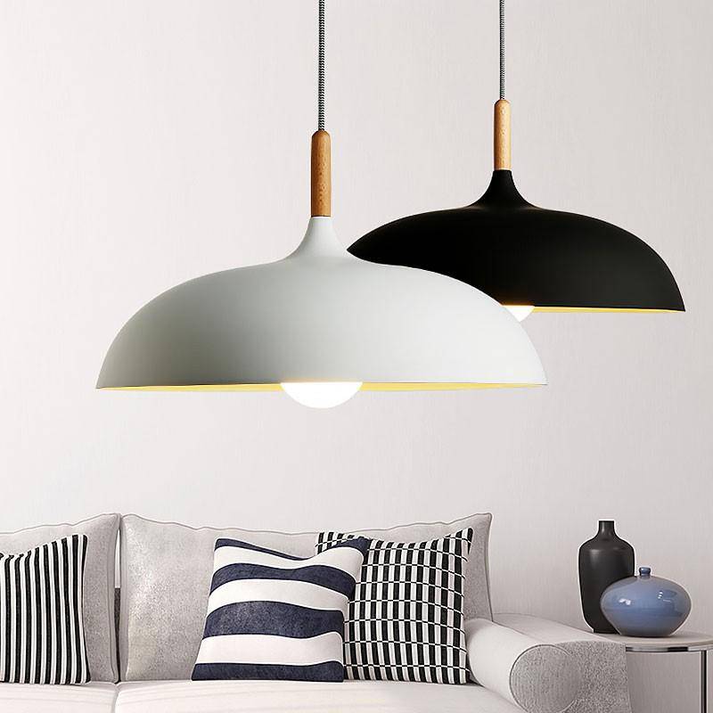 Aluminium Dome Pendant Lights With Wooden Stem
