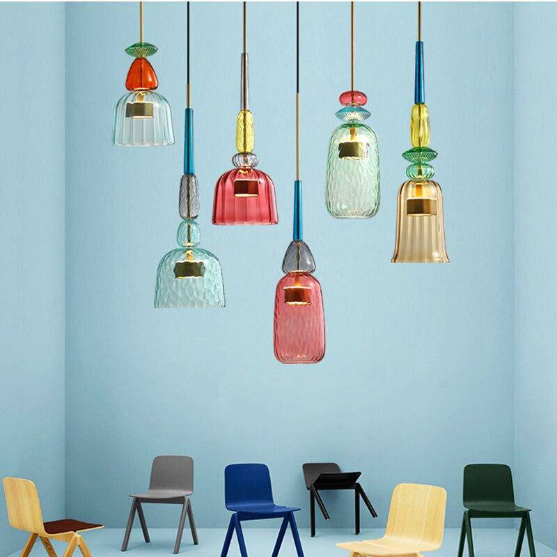 Coloured Glass Multi Pendant Lights With LED Light