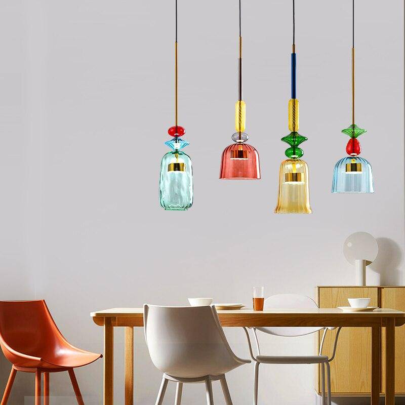 Coloured Glass Multi Pendant Lights With LED Light