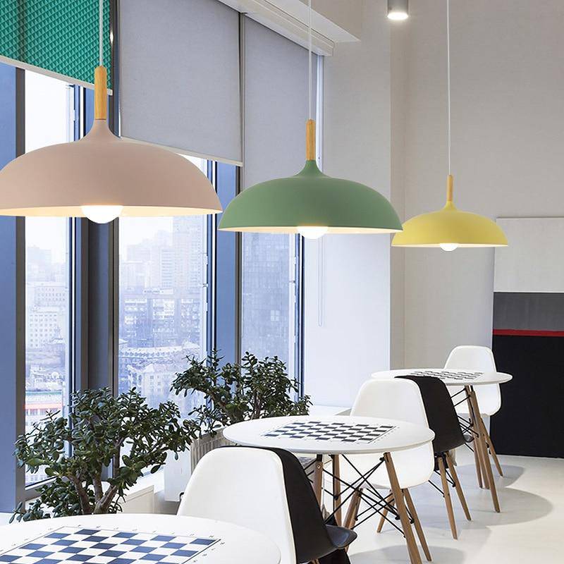 Aluminium Dome Pendant Lights With Wooden Stem