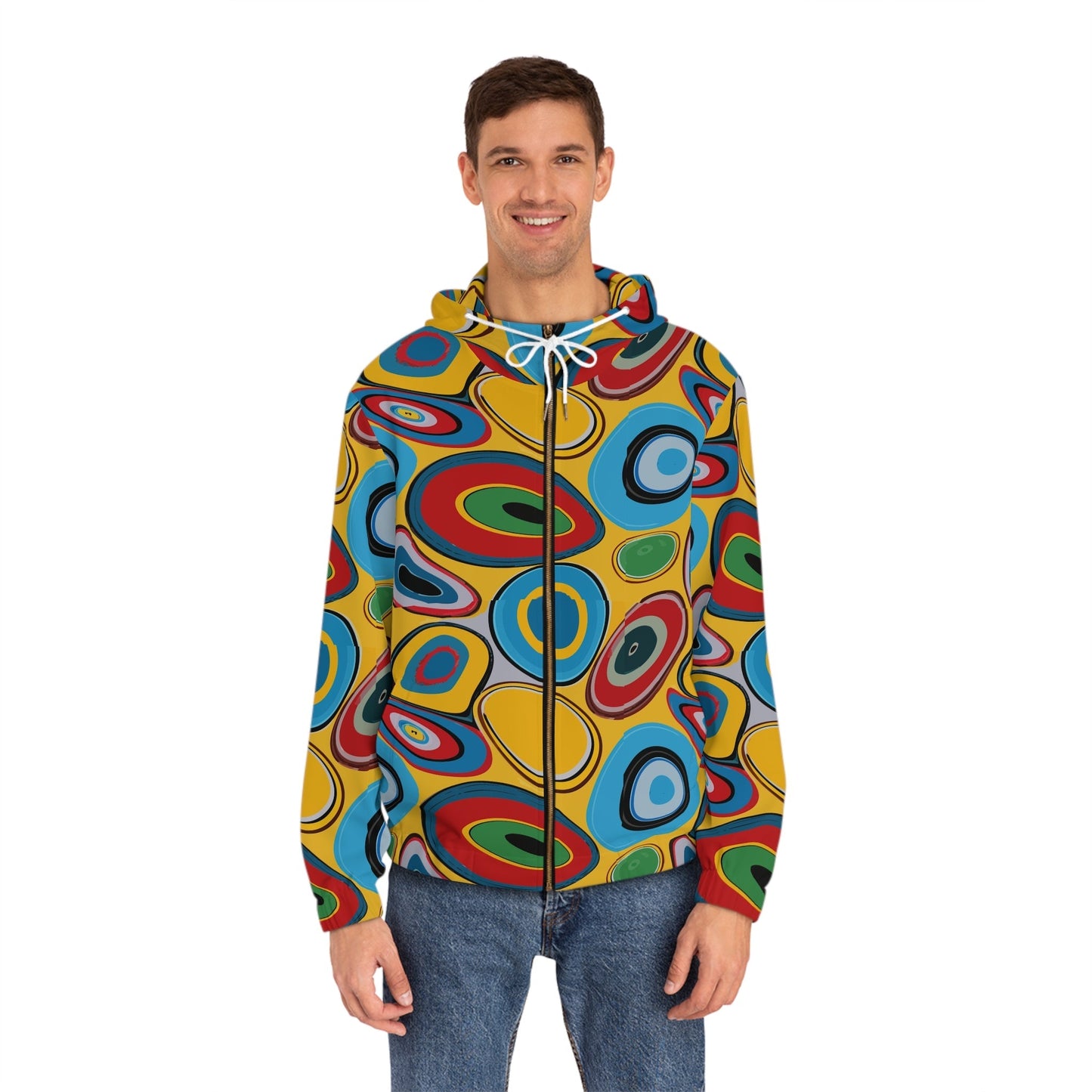 Psychedelic Eye AOP Zip-Up Hoodie for Weirdcore and Indie Sleaze Dressers — Maximalist Retro 70s Color-Drenched Festival Jacket