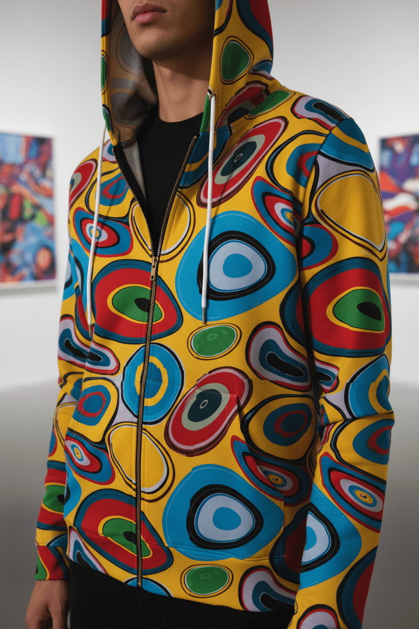 Psychedelic Eye AOP Zip-Up Hoodie for Weirdcore and Indie Sleaze Dressers — Maximalist Retro 70s Color-Drenched Festival Jacket