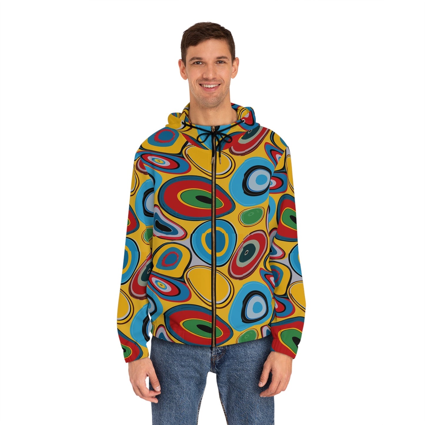 Psychedelic Eye AOP Zip-Up Hoodie for Weirdcore and Indie Sleaze Dressers — Maximalist Retro 70s Color-Drenched Festival Jacket