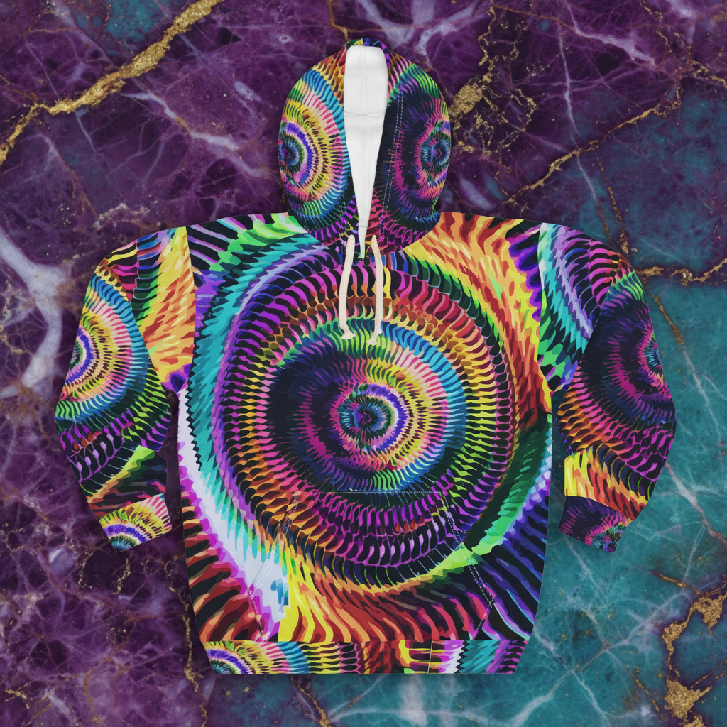 Psychedelic Kaleidoscope Hoodie | Festival Rave Wear - Oversized Abstract Spiral Pullover - Maximalist Motif Art Apparel