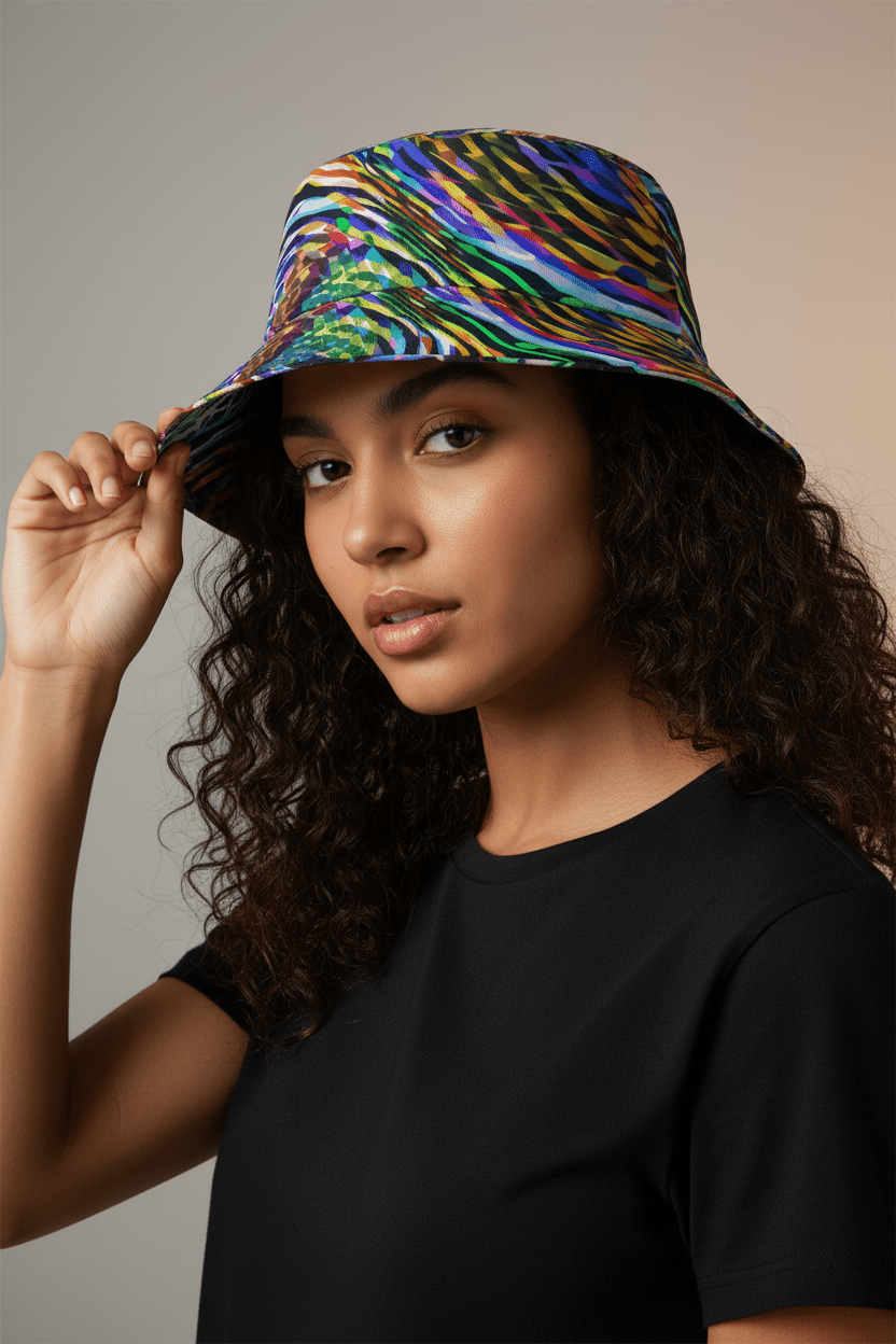 Psychedelic Mood-Shift Bucket Hat for Festival-Goers — Reversible Trippy Headwear, Cognitive Drift, Rave Accessory, Two-Sided Art Hat