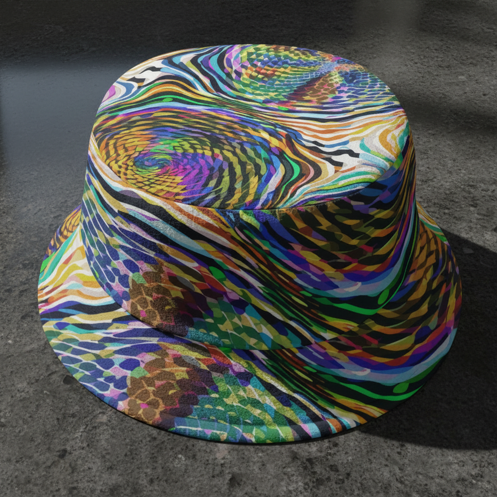 Psychedelic Mood-Shift Bucket Hat for Festival-Goers — Reversible Trippy Headwear, Cognitive Drift, Rave Accessory, Two-Sided Art Hat