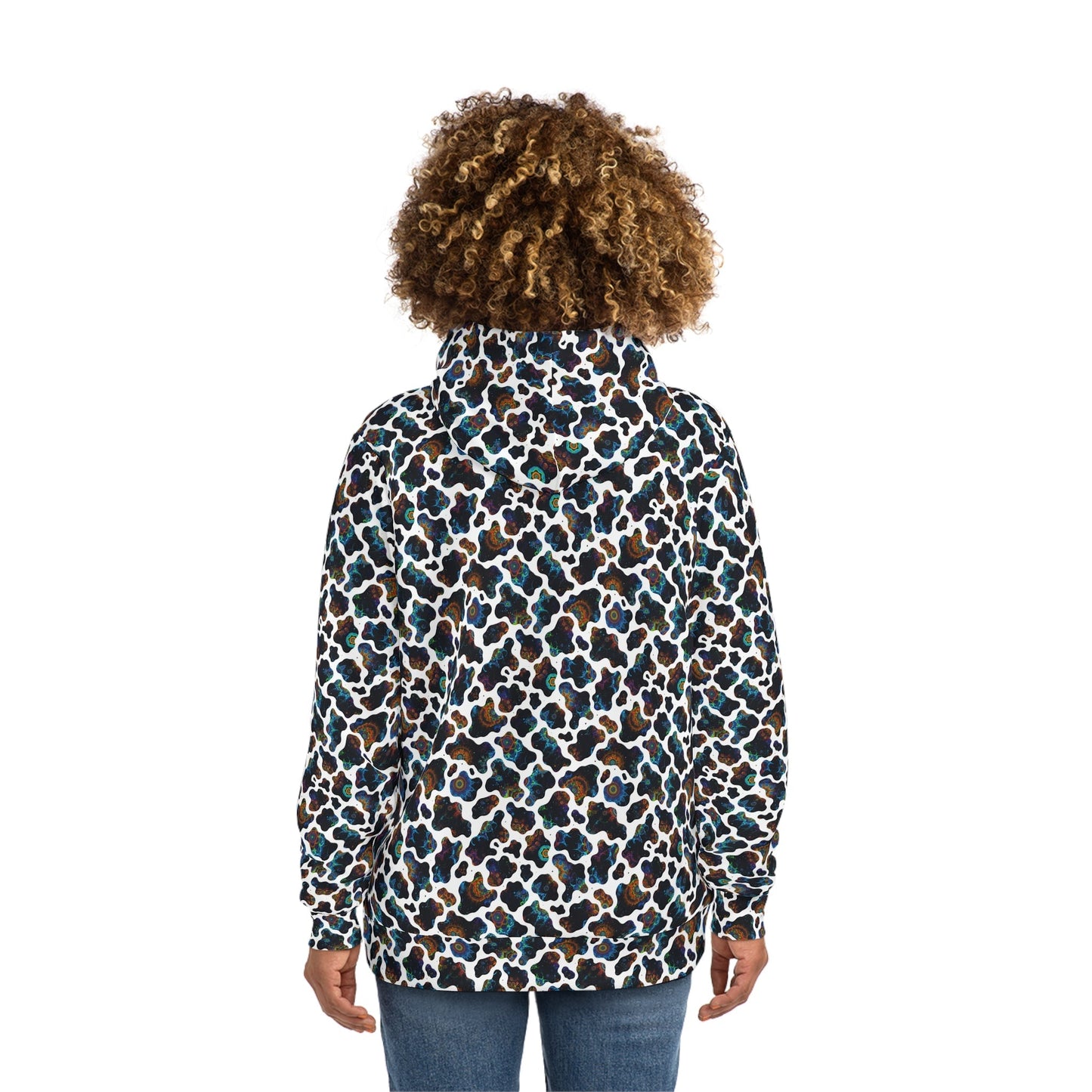 Neon Biomorphic Cow Print AOP Hoodie for Psychedelic Fashion Collectors — Bold Unisex Fractal Cosmic Pattern Pullover