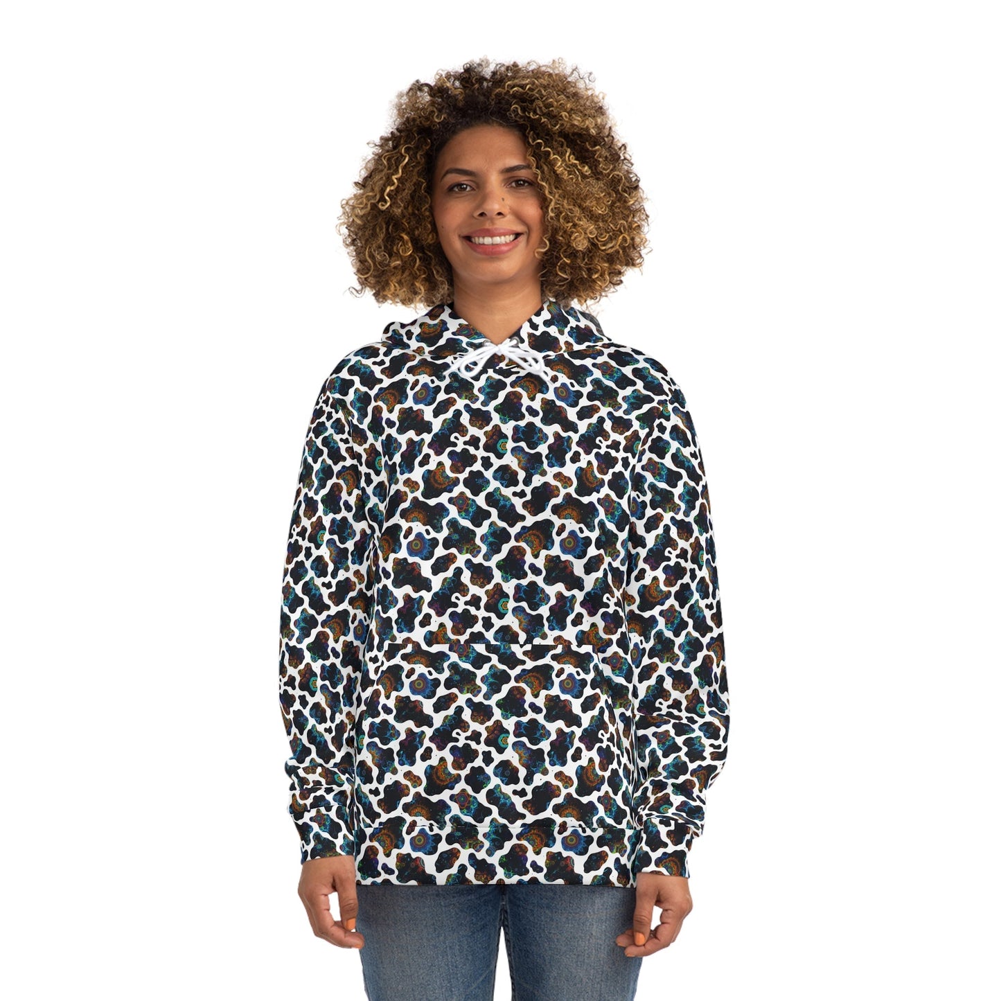 Neon Biomorphic Cow Print AOP Hoodie for Psychedelic Fashion Collectors — Bold Unisex Fractal Cosmic Pattern Pullover
