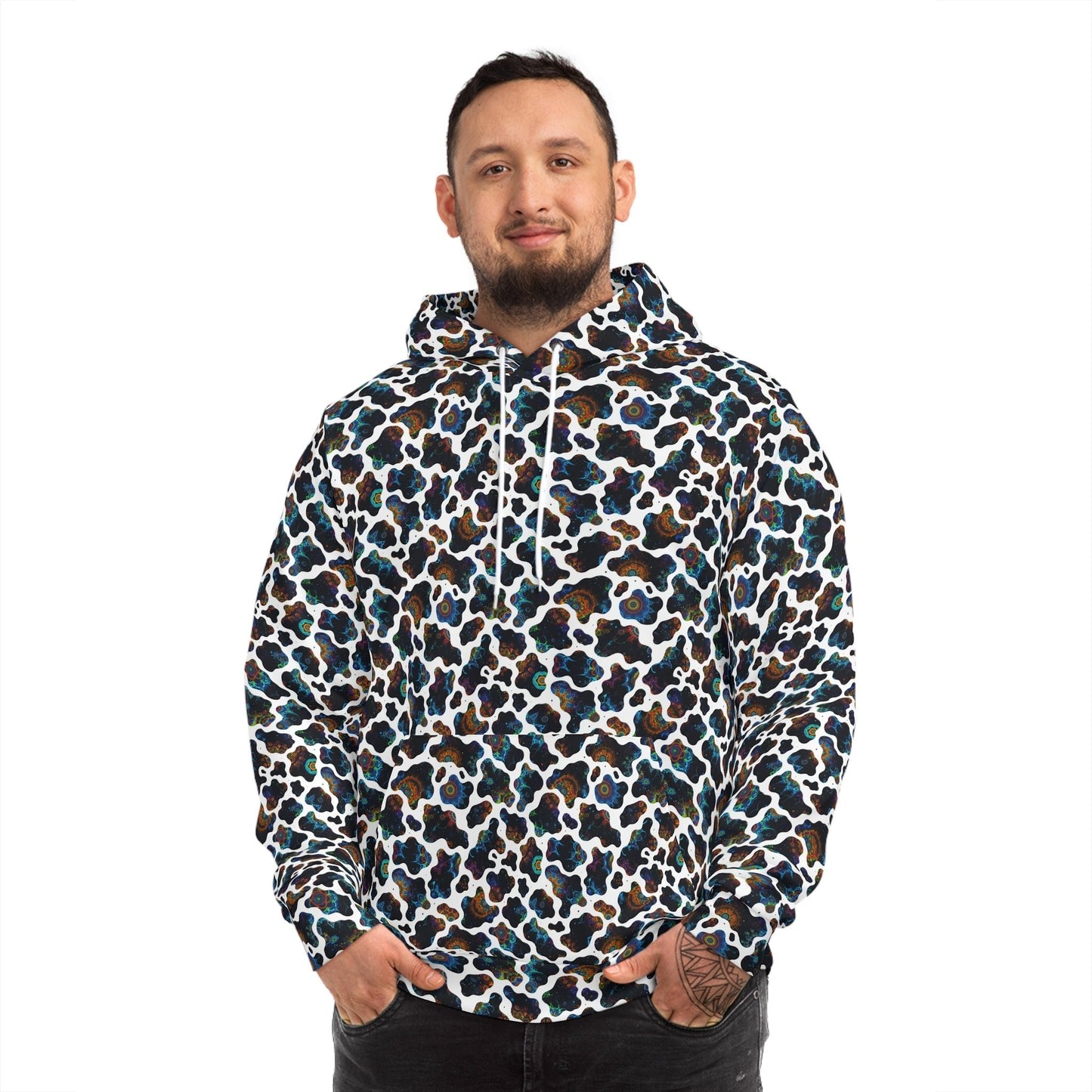 Neon Biomorphic Cow Print AOP Hoodie for Psychedelic Fashion Collectors — Bold Unisex Fractal Cosmic Pattern Pullover